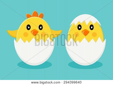 Chicks In Egg Shells On Blue Background. Vector Illustration