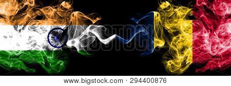 India Vs Chad, Chadian Smoke Flags Placed Side By Side. Thick Colored Silky Smoke Flags Of Indian An