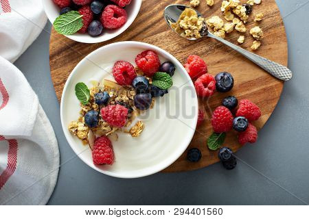 Plain Yougurt With Granola And Berries On Side, Fresh, Healthy And Colorful Breakfast