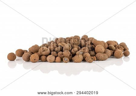 Lot Of Whole Brown Clay Pebbles (leca) Stack Isolated On White Background