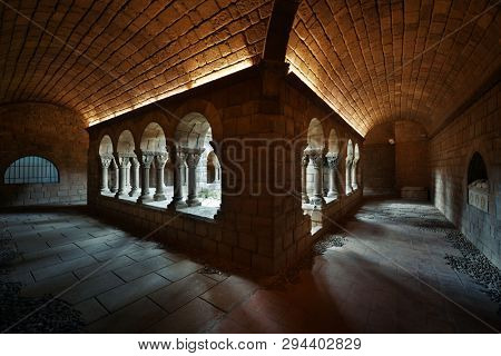 Hallway in Romanesque monastery in village in Pueblo Espanol Barcelona, Spain