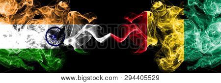 India Vs Guinea, Guinean Smoke Flags Placed Side By Side. Thick Colored Silky Smoke Flags Of Indian 