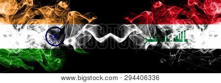 India Vs Iraq, Iraqi Smoke Flags Placed Side By Side. Thick Colored Silky Smoke Flags Of Indian And 