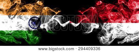 India Vs Monaco, Monacan Smoke Flags Placed Side By Side. Thick Colored Silky Smoke Flags Of Indian 