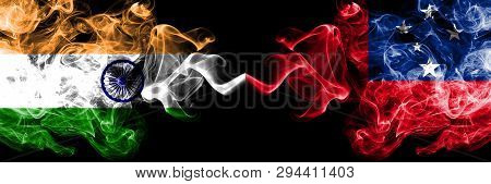 India Vs Samoa, Samoan Smoke Flags Placed Side By Side. Thick Colored Silky Smoke Flags Of Indian An