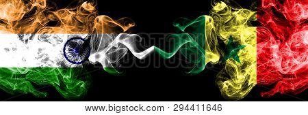India Vs Senegal, Senegalese Smoke Flags Placed Side By Side. Thick Colored Silky Smoke Flags Of Ind