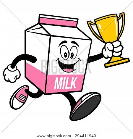 Strawberry Milk Carton Mascot Running With A Trophy  - A Cartoon Illustration Of A Strawberry Milk C
