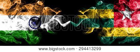 India Vs Togo, Togolese Smoke Flags Placed Side By Side. Thick Colored Silky Smoke Flags Of Indian A