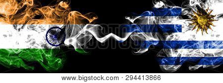 India Vs Uruguay, Uruguayan Smoke Flags Placed Side By Side. Thick Colored Silky Smoke Flags Of Indi