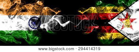 India Vs Zimbabwe, Zimbabwean Smoke Flags Placed Side By Side. Thick Colored Silky Smoke Flags Of In