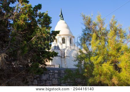 Supetar, Croatia / August 8th 2017: Petrinovic Family Mausoleum In Supetar Cemetery Old Town Supetar