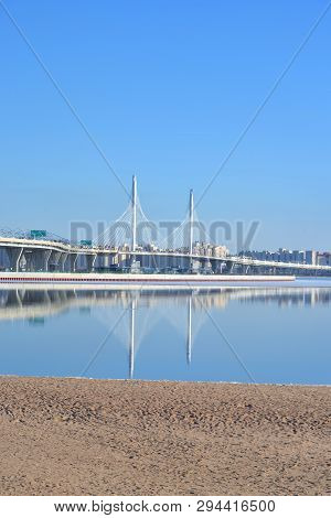 Gulf Of Finland And Cable Bridge Across The Petrovsky Fairway In Saint Petersburg, Russia. Part Of T