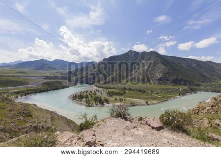 Panoramic View Of An Altai Mountain Katun River. Place Of Confluence Of Katun And Chuya Rivers. Summ