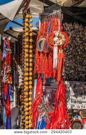Lujan, Buenos Aires, Argentina, April 7, 2019: Sale Of Religious Articles In Street Stalls In Lujan
