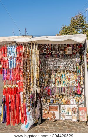 Lujan, Buenos Aires, Argentina, April 7, 2019: Sale Of Religious Articles In Street Stalls In Lujan