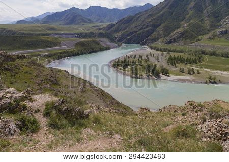 Panoramic View Of An Altai Mountain Katun River. Place Of Confluence Of Katun And Chuya Rivers. Summ