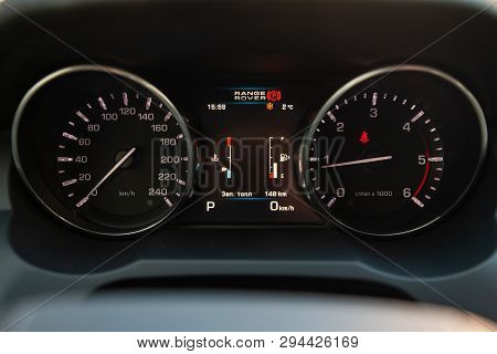 Novosibirsk, Russia - 03.10.2019: View To The Interior Of Land Rover Evoque With Dashboard, Speedome