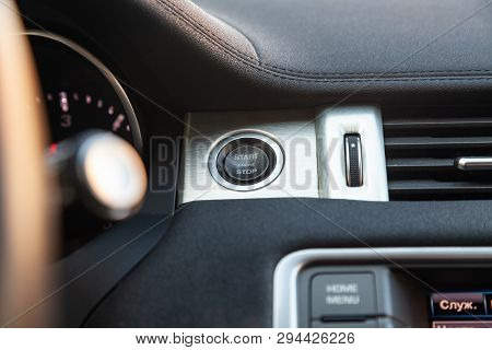 Novosibirsk, Russia - 03.10.2019: View To The Interior Of Land Rover Evoque With Dashboard, Start-st