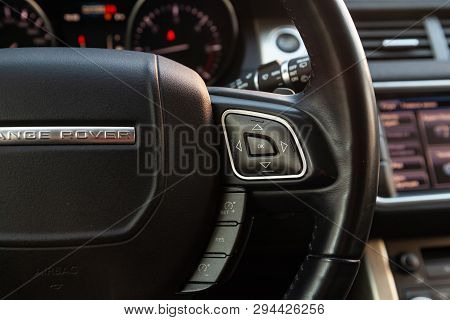 Novosibirsk, Russia - 03.10.2019: View To The Interior Of Land Rover Evoque With Dashboard, Steering