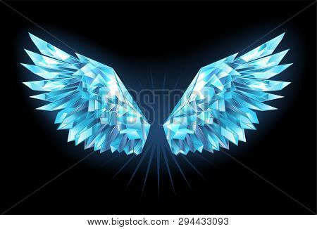 Polygonal, Sparkling Wings Of Blue, Clear Ice On A Blue Background. Ice Wings.