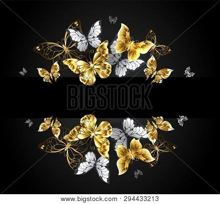 Design With Jewelry Gold Butterflies And Realistic White Butterflies On Black Background.