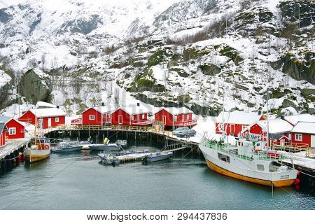 NUSSFJORD, LOFOTEN ARCHIPELAGO, 27 MARCH, 2019: Image of Nussfjord village, Lofoten Islands. Norway`s historic fishing village  on the water, Europe
