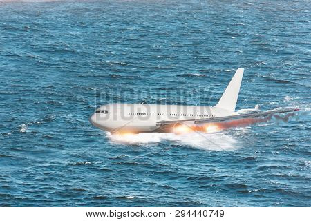 Aircraft Crash Falling Into The Sea, An Explosion Engine Hit By Splashing On The Water