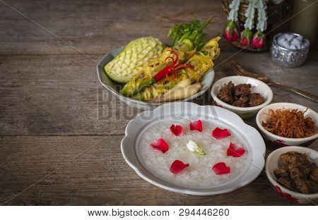 Khao-chae, Cooked Rice Soaked In Iced Water In The White Bowl And Eaten With The Usual Complementary