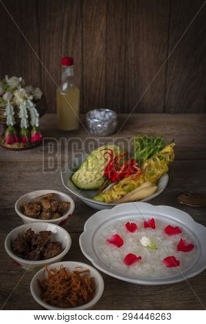 Khao-chae, Cooked Rice Soaked In Iced Water In The White Bowl And Eaten With The Usual Complementary