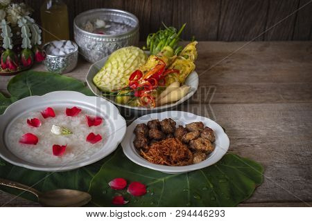 Khao-chae, Cooked Rice Soaked In Iced Water In The White Bowl And Eaten With The Usual Complementary