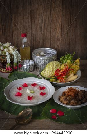 Khao-chae, Cooked Rice Soaked In Iced Water In The White Bowl And Eaten With The Usual Complementary