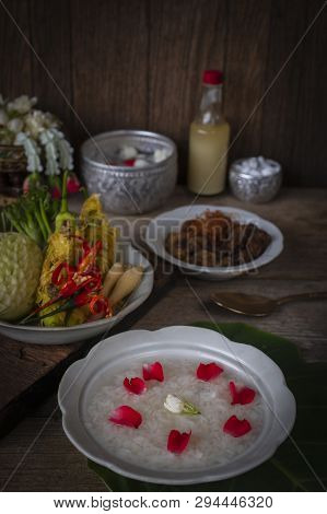 Khao-chae, Cooked Rice Soaked In Iced Water In The White Bowl And Eaten With The Usual Complementary