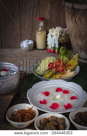 Khao-chae, Cooked Rice Soaked In Iced Water In The White Bowl And Eaten With The Usual Complementary