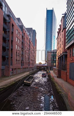 View Of The Rochdale Canal In Manchester, England Seen Here Emptied Of Water. Overall It Is A Naviga