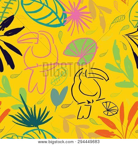 Yellow Jungle Tucan Seamless Pattern Background Design. Perfect For Surface Pattern Design, Cards Or