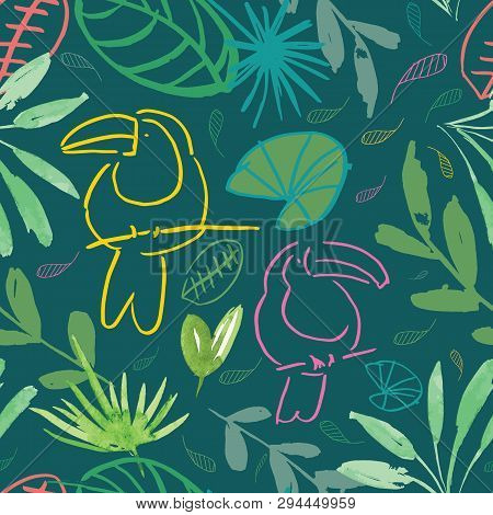 Green Jungle Tucan Seamless Pattern Background Design. Perfect For Surface Pattern Design, Cards Or 
