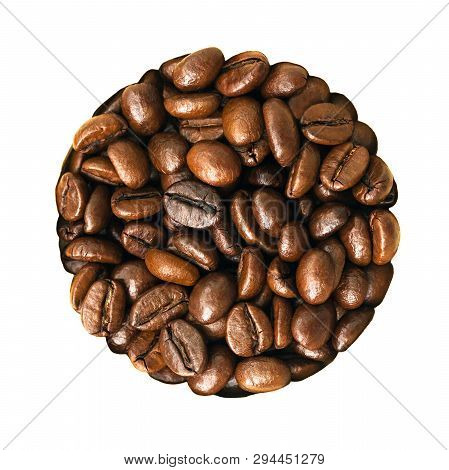 Beans Coffee In Form Of Circle Isolated On A White Background. Roasting  Grains Coffee  Close Up Top