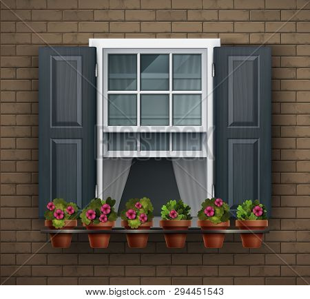 Window With Flower Pots On A Wall. Cartoon House Element. Close Up View Of Nice White Framed Window 