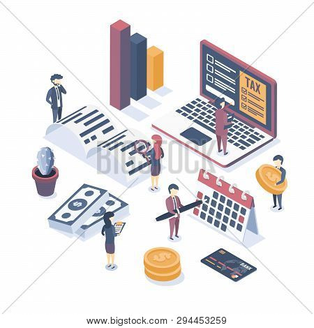 Isometric Vector Illustration. The Concept Of Business Auditing. Tax Audit. Verification Of Accounti