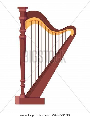 Antique, Old Stringed Musical Instrument Is Classical Wooden Harp.