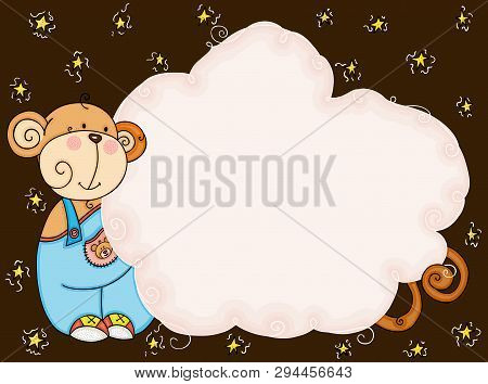 Blank Cloud Label And Cute Monkey, Colored Vector Hand Drawn Illustration In Modern Flat Cartoon.