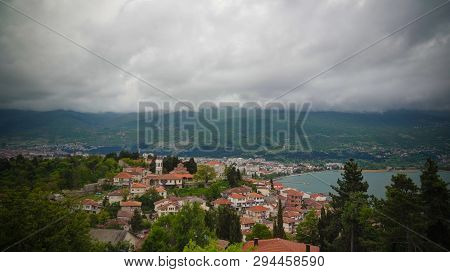 Panoramic Aerial View To Ohrid Lake And City From Samuels Fortress, Ohrid, , North Macedonia