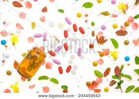 Recreational Drugs Conceptual Flat Lay Top View Of Various Medication On Colorful Background