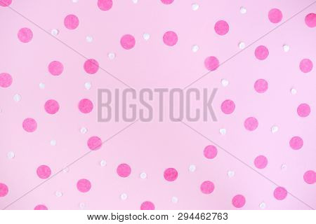 Pink Background With Pink Round Confetti. Festive Background For Your Design. Flat Lay Style.