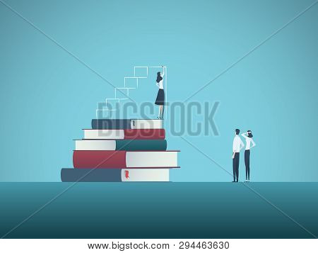 Power Of Education And Knowledge Vector Concept. Girl, Woman Standing On Top Of Books Drawing Steps.