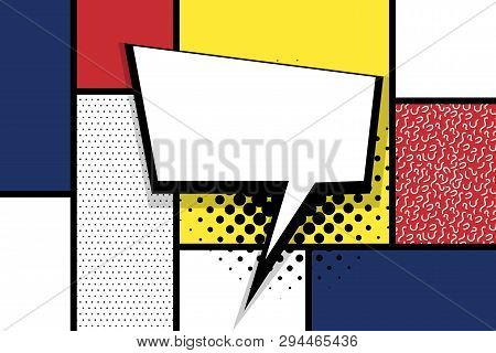 Retro Mondrian Red Yellow Blue Geometric Background. Comic Text Speech Bubble Box. Minimal Trendy Fa