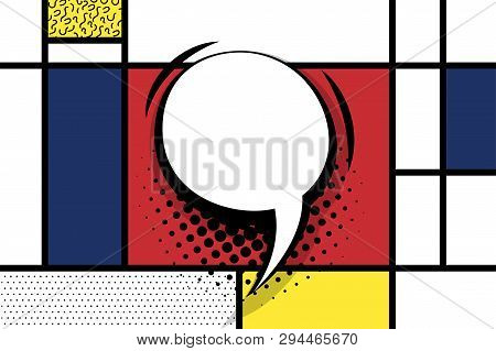 Retro Mondrian Red Yellow Blue Geometric Background. Comic Text Speech Bubble Box. Minimal Trendy Fa