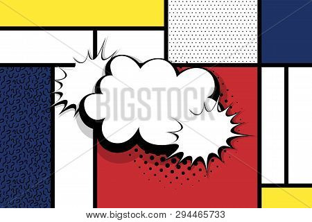 Retro Mondrian Red Yellow Blue Geometric Background. Comic Text Speech Bubble Box. Minimal Trendy Fa