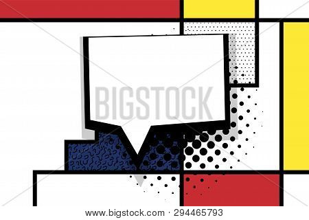 Retro Mondrian Red Yellow Blue Geometric Background. Comic Text Speech Bubble Box. Minimal Trendy Fa