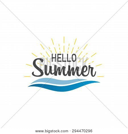 Hello Summer. Banner Hello Summer With Sunburst And Waves. Sumer Illustration. Text Summer In Letter